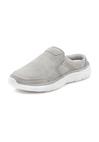 Gray suede slip-on shoe with a white rubber sole, elastic side accents, and subtle red stitching detail along the edge.