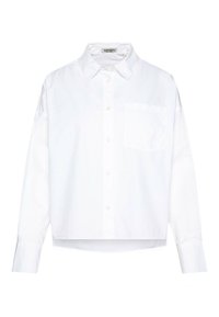 White cropped button-up shirt with a pointed collar, long sleeves, single chest pocket, smooth texture, and subtle fabric sheen.