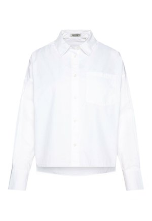 White cropped button-up shirt with a pointed collar, long sleeves, single chest pocket, smooth texture, and subtle fabric sheen.