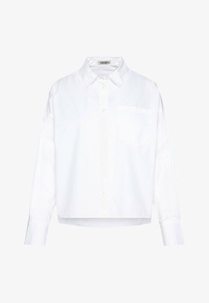 White cropped button-up shirt with a pointed collar, long sleeves, single chest pocket, smooth texture, and subtle fabric sheen.