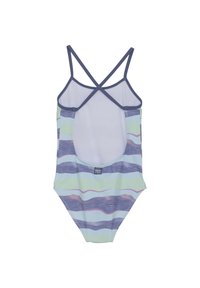En delad baddräkt med korsriktade axelband, prydd med pastellfärgade vågiga ränder i mintgrön, lavendel och rosa; slät tygkvalitet; högskuren ben-design.