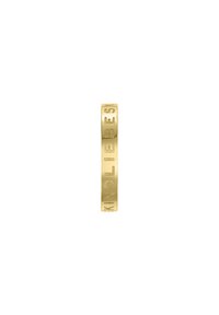 Goldfarbener Metallring mit einem gravierten Muster, das "Kindliebes" liest. Der Ring hat eine glatte, polierte Oberfläche und eine flache Form.