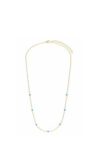 Gouden ketting met ronde lichtblauwe kralen die gelijkmatig langs de lengte zijn verdeeld. Inclusief een karabijnsluitingen en een korte verlengkettinkje.