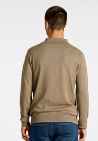 Mörkbrun l ångärmad polotröja, strukturerad stickad tyg, ribbade ärmslut och nederkant, delvis krage, i kombination med blå jeans, sedd bakifrån.