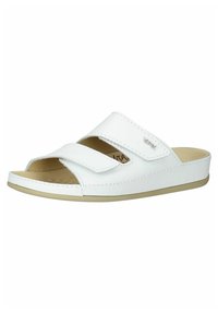 Sandalias deslizantes blancas con dos correas ajustables; fabricadas en material sintético suave; cuentan con una plantilla contorneada y una suela plana.