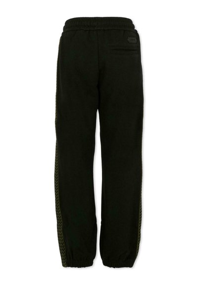 Zwarte joggingbroek met een elastische tailleband, voorzien van zijaccenten in een textuur van groen zigzagpatroon en een achterzak.