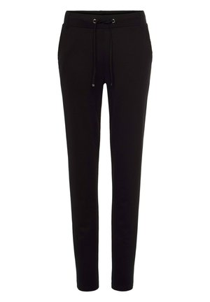 Black tapered trousers with a drawstring waist, crafted from soft fabric, featuring a smooth texture and no visible patterns or accents.