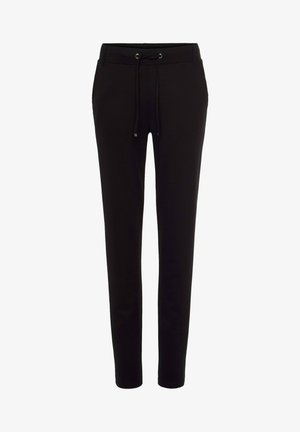 Black tapered trousers with a drawstring waist, crafted from soft fabric, featuring a smooth texture and no visible patterns or accents.