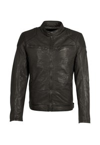 Schwarze Lederjacke mit Stehkragen, gesteppten Schulterakzenten, Reißverschlusstaschen und strukturierter Oberflächenbeschaffenheit. Vorderer Verschluss mit einem Reißverschluss.