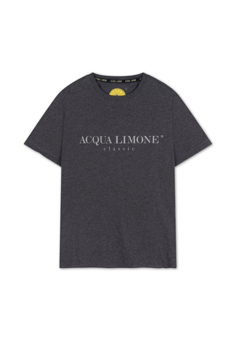Grå bomullströja med texten "ACQUA LIMONE classic" i vitt, rund halsringning, korta ärmar och en citron grafik inuti kragen.