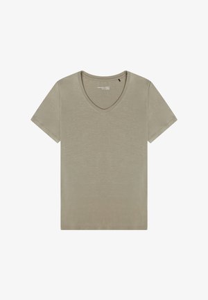 Hellbraunes Kurzarm-V-Ausschnitt-T-Shirt mit genähten Säumen, flach auf weißem Hintergrund ausgebreitet.