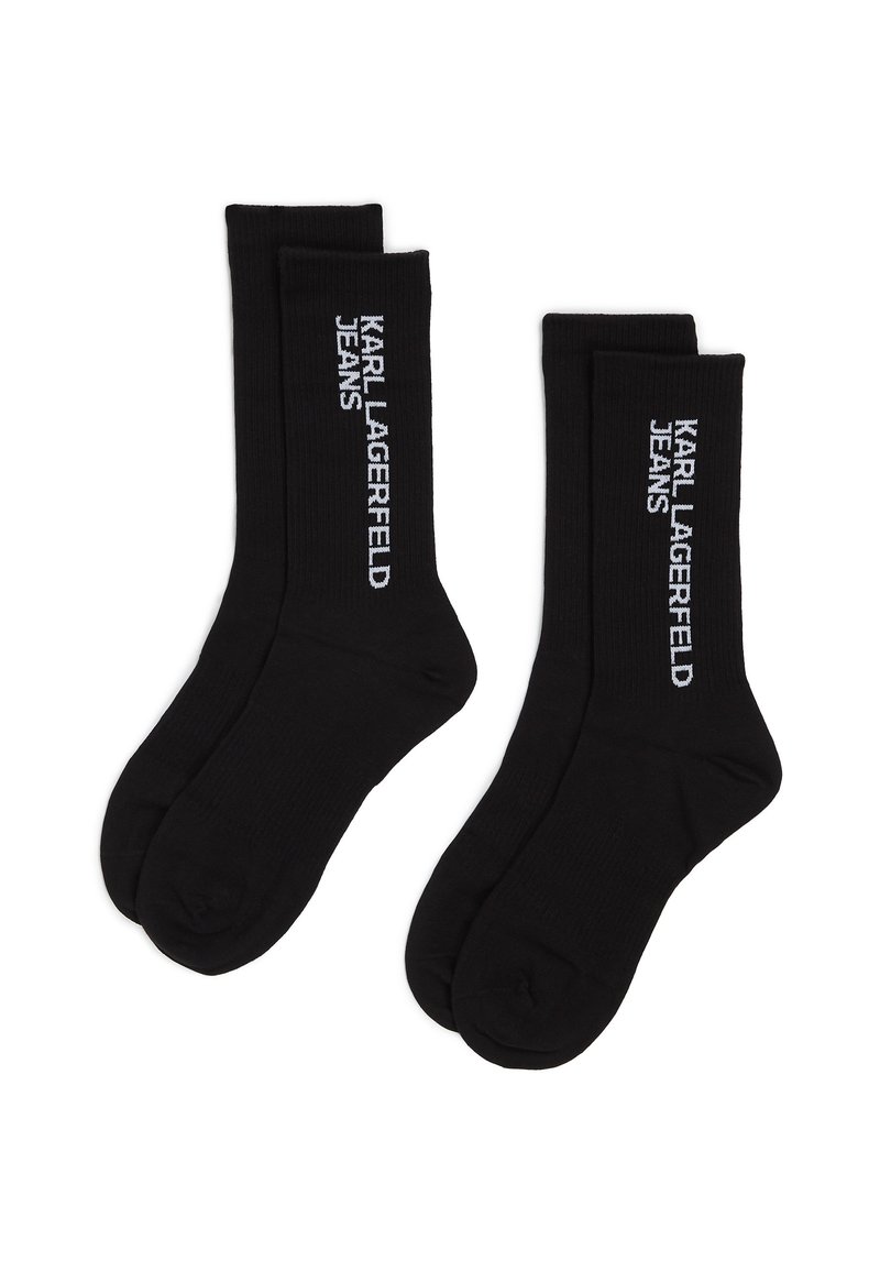 Čierne bavlnené ponožky s ryhovanou štruktúrou, s bielym logom "KARL LAGERFELD JEANS" potlačeným vertikálne po bokoch.
