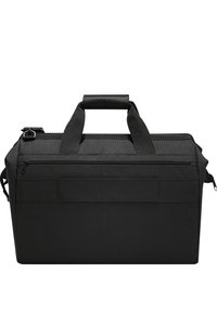 Schwarze rechteckige Tasche aus strapazierfähigem Stoff. Verfügt über zwei Obertragegriffe, einen verstellbaren Schultergurt und eine vordere Reißverschlusstasche mit minimalem Branding.