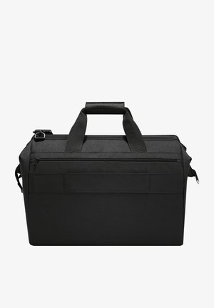 Sac rectangulaire noir en tissu durable. Doté de deux poignées supérieures, d'une bandoulière réglable et d'une poche zippée à l'avant avec un minimalisme de marque.