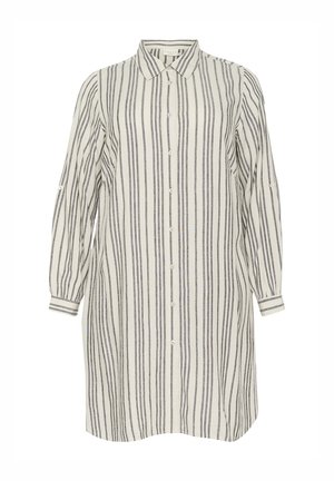 Striped shirt dress in beige and navy, featuring a collar, button front, and long sleeves with cuffs. Soft, lightweight fabric with vertical stripes.