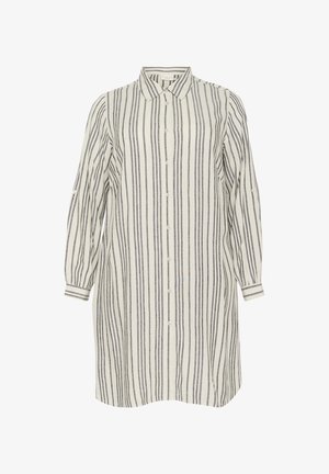 Bėjis ir tamsiai mėlynas dryžuotas marškinių suknelė, su apykakle, mygtukų priekyje ir ilgomis rankovėmis su rankogaliais. Minkšta, lengva medžiaga su vertikaliomis juostelėmis.