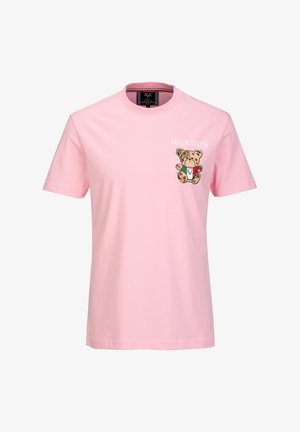 Hellrosa Kurzarm-T-Shirt mit einer Grafik eines Teddybären, der die Farben der italienischen Flagge trägt, und dem Schriftzug "19V69 ITALIA" auf der linken Brust.