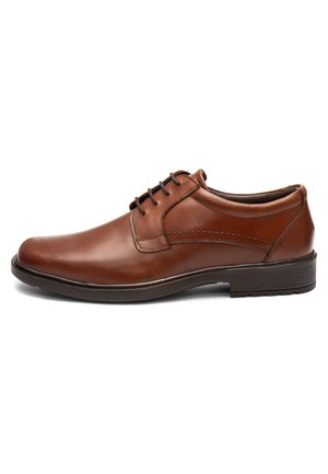 Brauner Lederschuh für Herren mit Schnürsenkeln, niedrigem Absatz und glatter Oberfläche, von der Außenseite auf weißem Hintergrund gezeigt.
