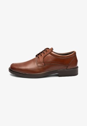 Brown leather men's dress shoe with laces, low heel, and smooth finish, shown from the outer side on a white background.