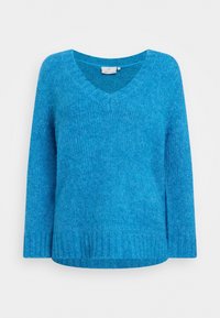 Maglione azzurro a maglia con scollatura a V, maniche lunghe e orlo e polsini a coste, esposto su uno sfondo bianco.