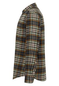 Flanellhemd in dunkelgrün, schwarz und orange kariert. Lange Ärmel, knöpfbare Manschetten und Brusttasche. Weiche Textur und klassisches Kragendesign.