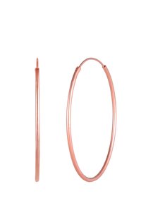 Orecchini a cerchio in oro rosa, forma circolare, texture liscia, design sottile. Mostra viste frontali e laterali per una maggiore visibilità dei dettagli.