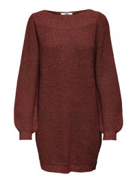 Maglione lavorato a maglia color ruggine con maniche lunghe a palloncino, scollatura ampia e polsini e orlo a costine. Presenta un tessuto texturizzato.