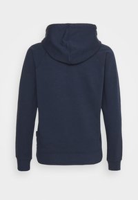 Felpa di colore blu navy scuro con cappuccio, polsini a costine e orlo dritto. Materiale in cotone morbido con una texture liscia. Nessun marchio visibile.