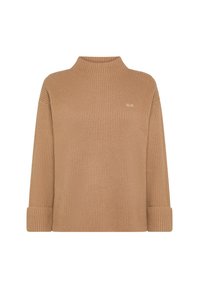 Maglione a coste marrone con scollo alto e maniche lunghe. Presenta un logo discreto sul petto e polsini ripiegati per un tocco di dettaglio.