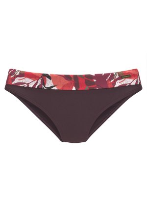 Bikini onderkant met een stevige donkerbruine basis en een multikleurige bloemenpatroon tailleband. Glad textuur, middelhoge pasvorm en rekbare stof.
