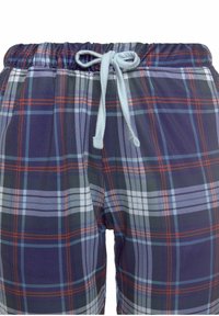 Men's plaid lounge pants with a blue, red, and green pattern. Features an elastic waistband with a light blue drawstring. Smooth fabric texture.
