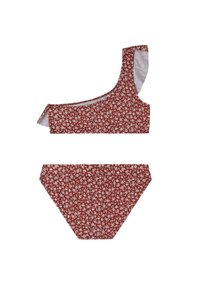 Jednodijelni crveni bikini gornji dio s malim bijelim cvjetnim uzorkom, uparen s usklađenim visokim donjim dijelom koji ima sličan dizajn.
