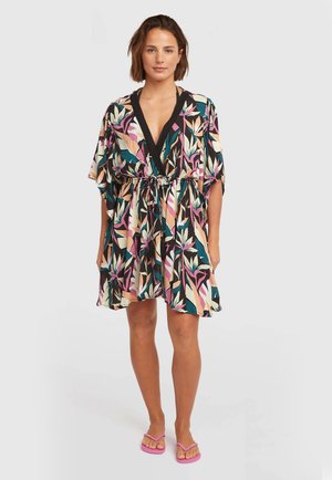 Kaftanové šaty s kvetinovým vzorom, hlbokým výstrihom do V, previazaným pásom, krátkymi rukávmi a mixom ružovej, zelenej a krémovej farby.