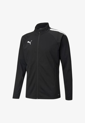 Giacca sportiva nera con colletto alto, zip intera, strisce bianche sui lati e logo ricamato. Realizzata in materiale liscio e leggero.