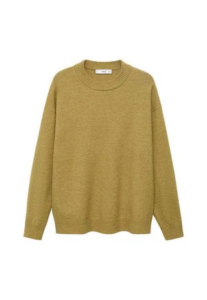 Sveter v horčicovej žltej farbe, vyrobený z mäkkej tkaniny. Má rebrovaný okrúhly výstrih a dlhé rukávy s bežným strihom a rovného lemu.