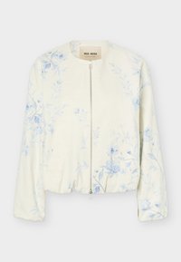 Ζακέτα κρεμ με φερμουάρ, ανοιχτομπλε λουλουδάτο σχέδιο, στρογγυλή λαιμόκοψη και μακριά μανίκια, με την ετικέτα "Mos Mosh."