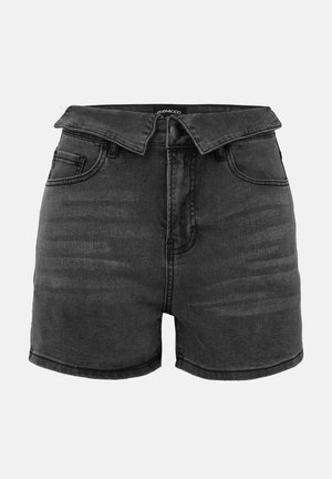 Shorts en denim noir avec une taille haute, fermeture à boutons et une taille repliée. Comprend cinq poches et une texture lisse légèrement délavée.
