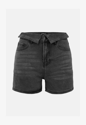 Shorts en denim noir avec une taille haute, fermeture à boutons et une taille repliée. Comprend cinq poches et une texture lisse légèrement délavée.