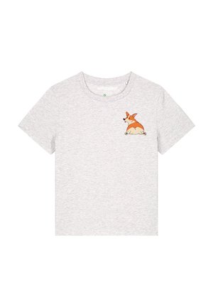 Grijze katoenen t-shirt met een ronde hals en korte mouwen, met een cartoon corgi gedrukt op de linkerkant van de borst.