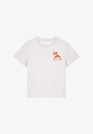 Graues Baumwoll-T-Shirt mit rundem Halsausschnitt und kurzen Ärmeln, das ein Cartoon-Corgi auf der linken Brustseite zeigt.