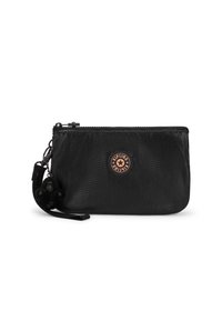 Pouch in nylon nero con finitura testurizzata, chiusura con zip e un attacco per portachiavi con una piccola scimmia. Patch del logo sul davanti.