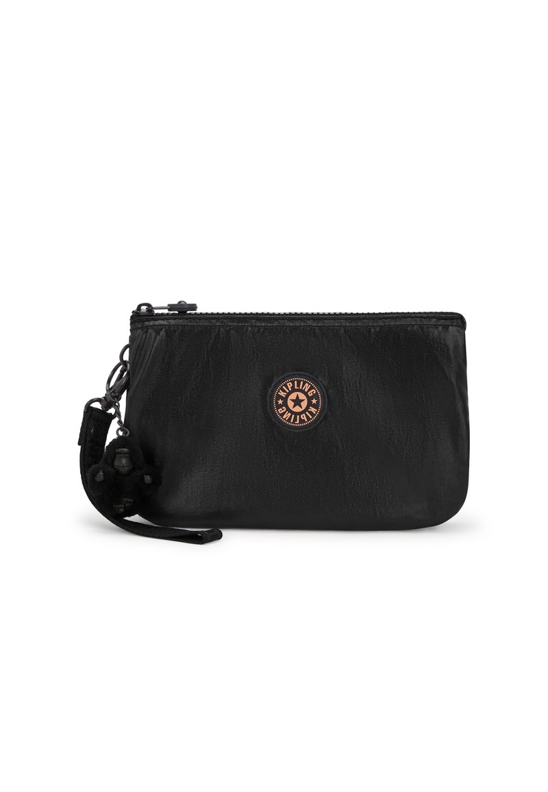 Pouch in nylon nero con finitura testurizzata, chiusura con zip e un attacco per portachiavi con una piccola scimmia. Patch del logo sul davanti.