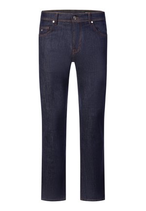 Jean denim bleu foncé à jambes droites avec fermeture à boutons devant et design à cinq poches.