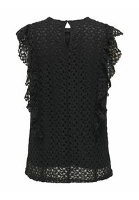 Schwarze Spitzenbluse mit Rüscheärmel und Schlüssel-Ausschnitt hinten. Texturstoff mit offenen Strickdesign und gewelltem Saum.