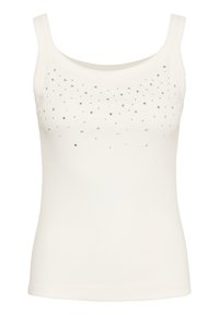 Weißes Tanktop mit schmalem Schnitt, aus geripptem Stoff gefertigt. Verziert mit verstreuten silbernen Strasssteinen auf der Vorderseite für zusätzlichen Detailreichtum.