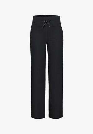 Pantalon large noir côtelé avec taille élastique et cordon de serrage, longueur à la cheville, style décontracté.