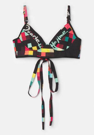 Top bikini nero e multicolore con un motivo geometrico, spalline regolabili e chiusura a lacci sul retro.