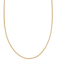 Goldfarbener Kettenhalsreifen mit flacher, glatter Struktur und runden Gliedern, der ein einfaches, elegantes Design zeigt.