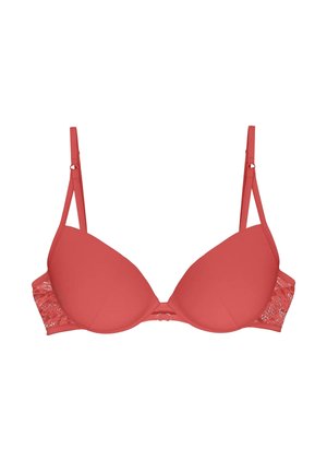 Korallenroter BH mit glatten, gepolsterten Cups, Spitzen-Seitenteilen und verstellbaren Trägern. Verfügt über einen dekorativen Haken in der vorderen Mitte.