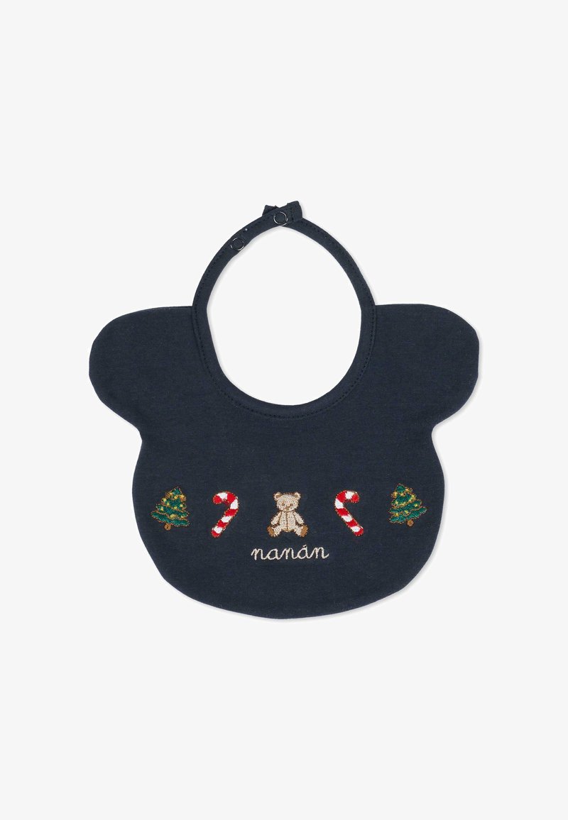 Bavoir bébé bleu marine avec fermeture à pression, décoré de sapins de Noël brodés, cannes en sucre d’orge, ours en peluche et le mot « nanán » en blanc.